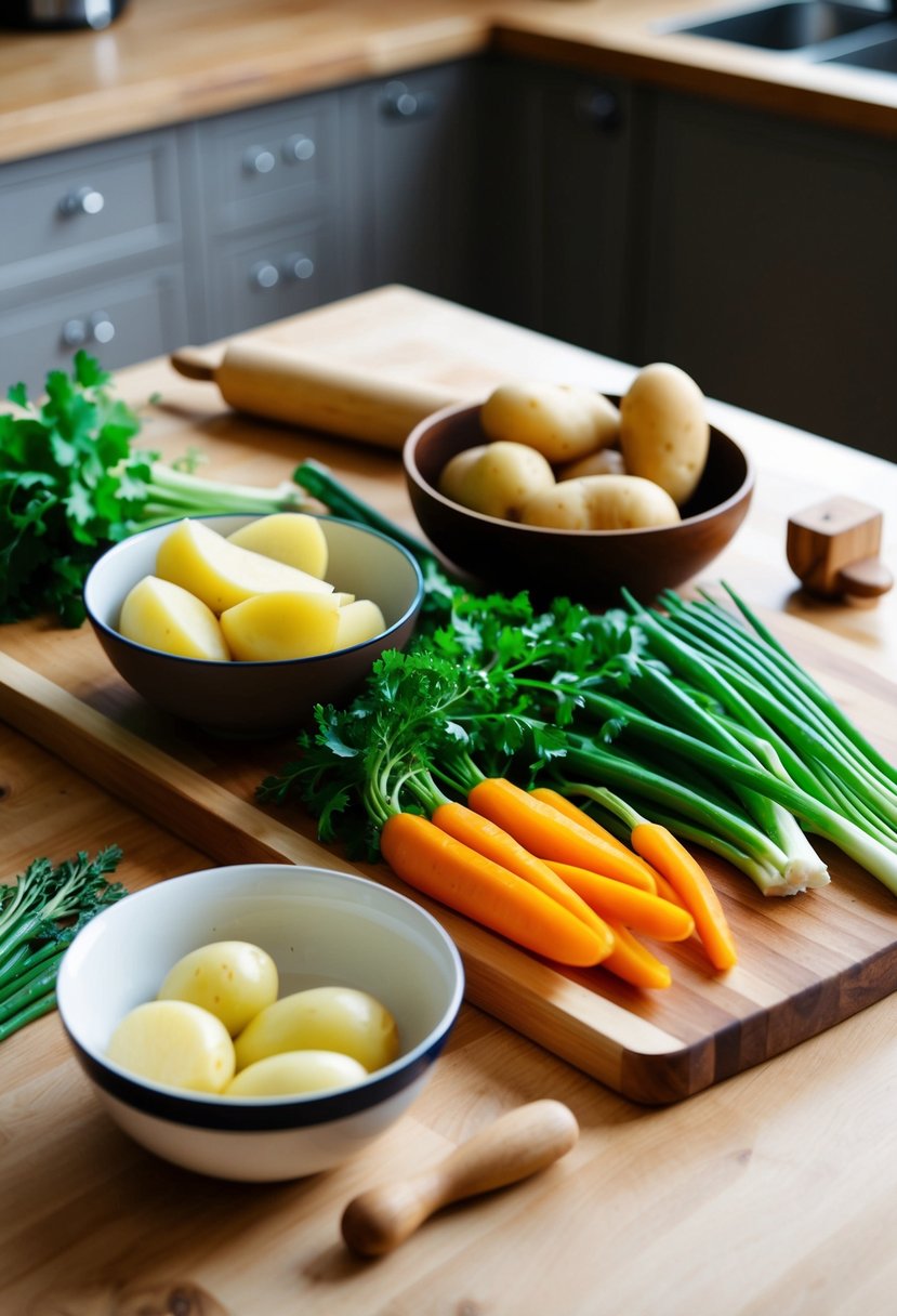 A wooden cutting board with fresh vegetables, a bowl of boiled potatoes, and a rolling pin on a kitchen counter