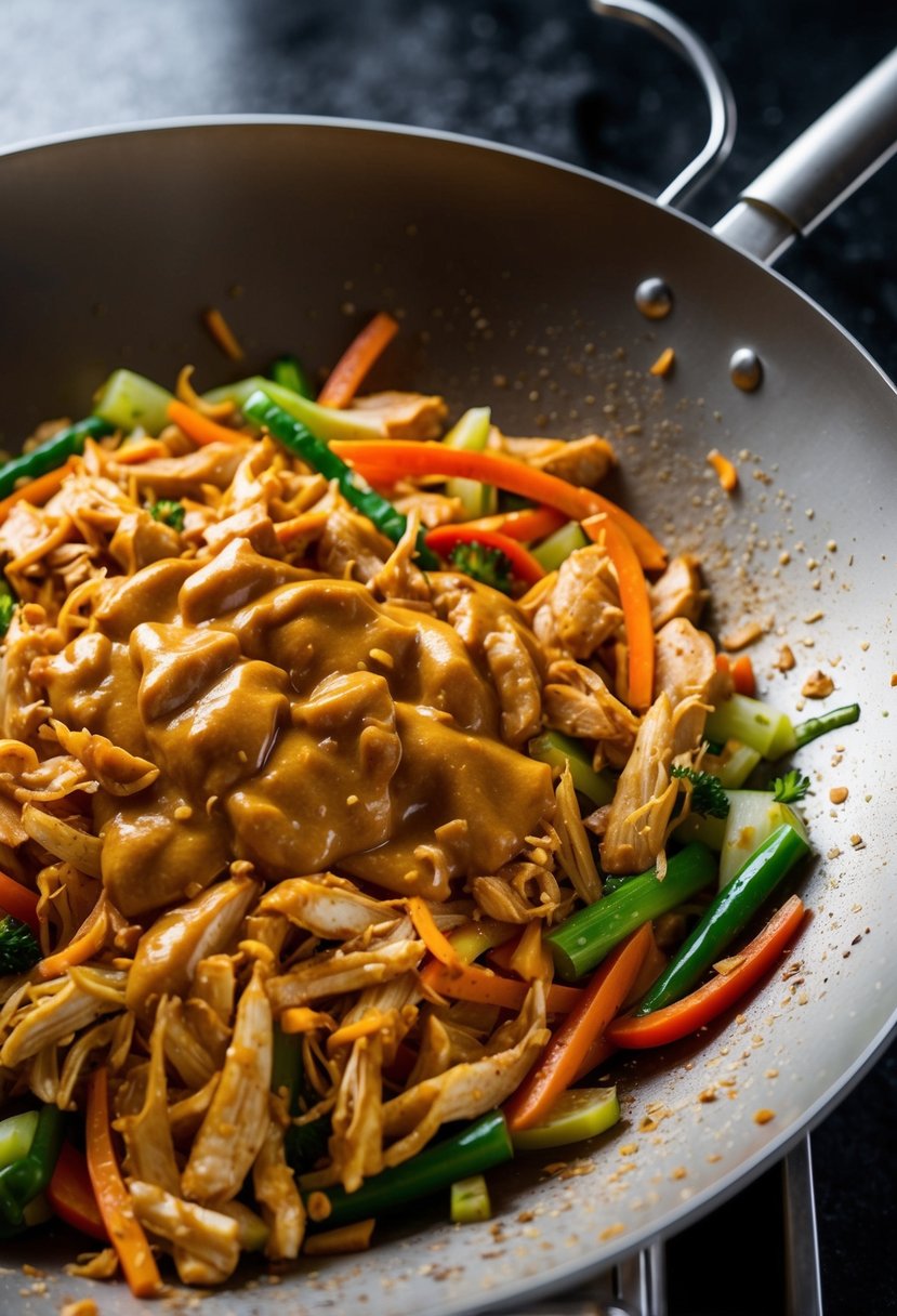 A wok sizzling with shredded chicken, colorful vegetables, and a rich Thai peanut sauce