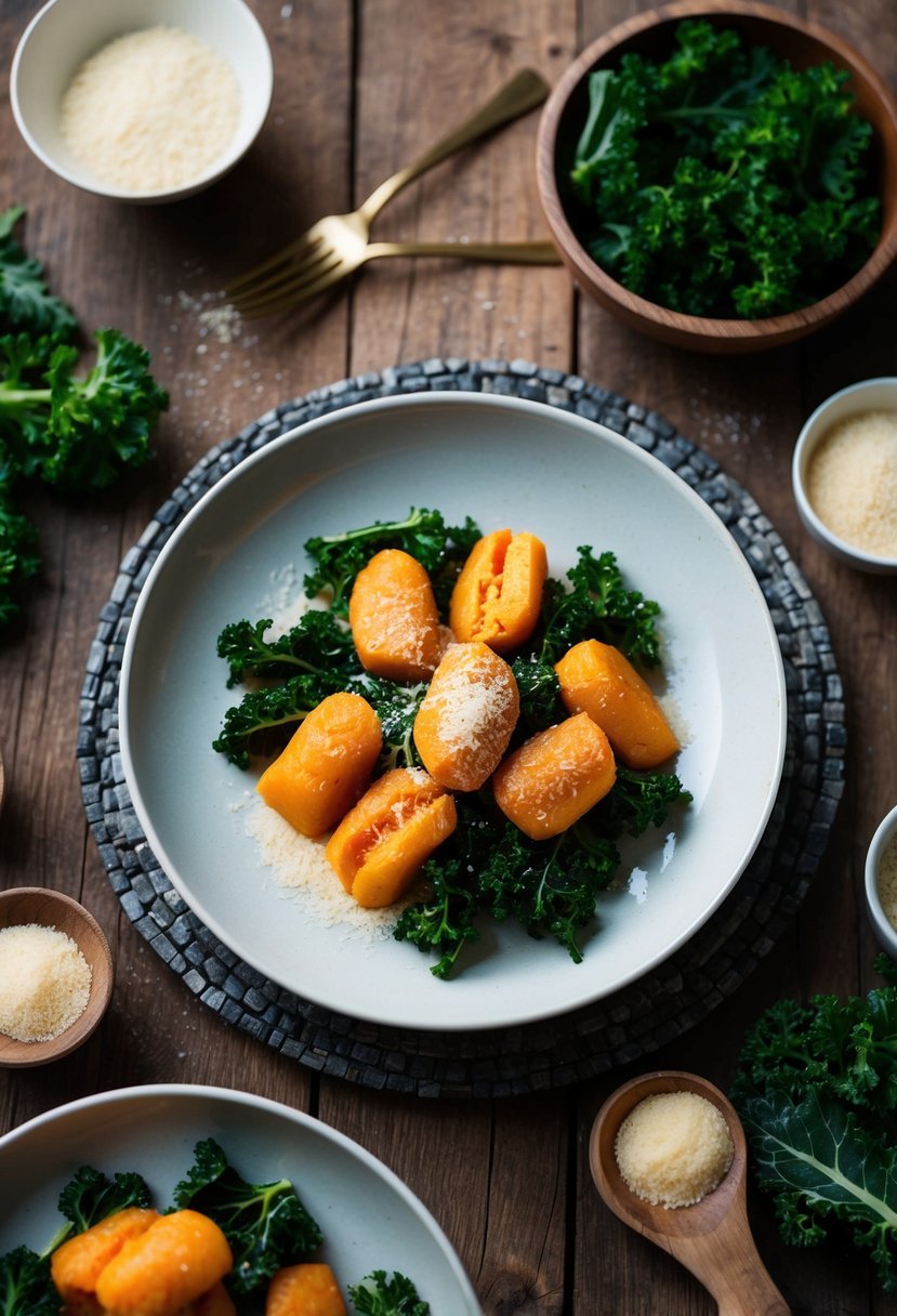 A rustic wooden table set with a plate of sweet potato gnocchi, topped with sautéed kale and a sprinkle of vegan parmesan, surrounded by fresh ingredients