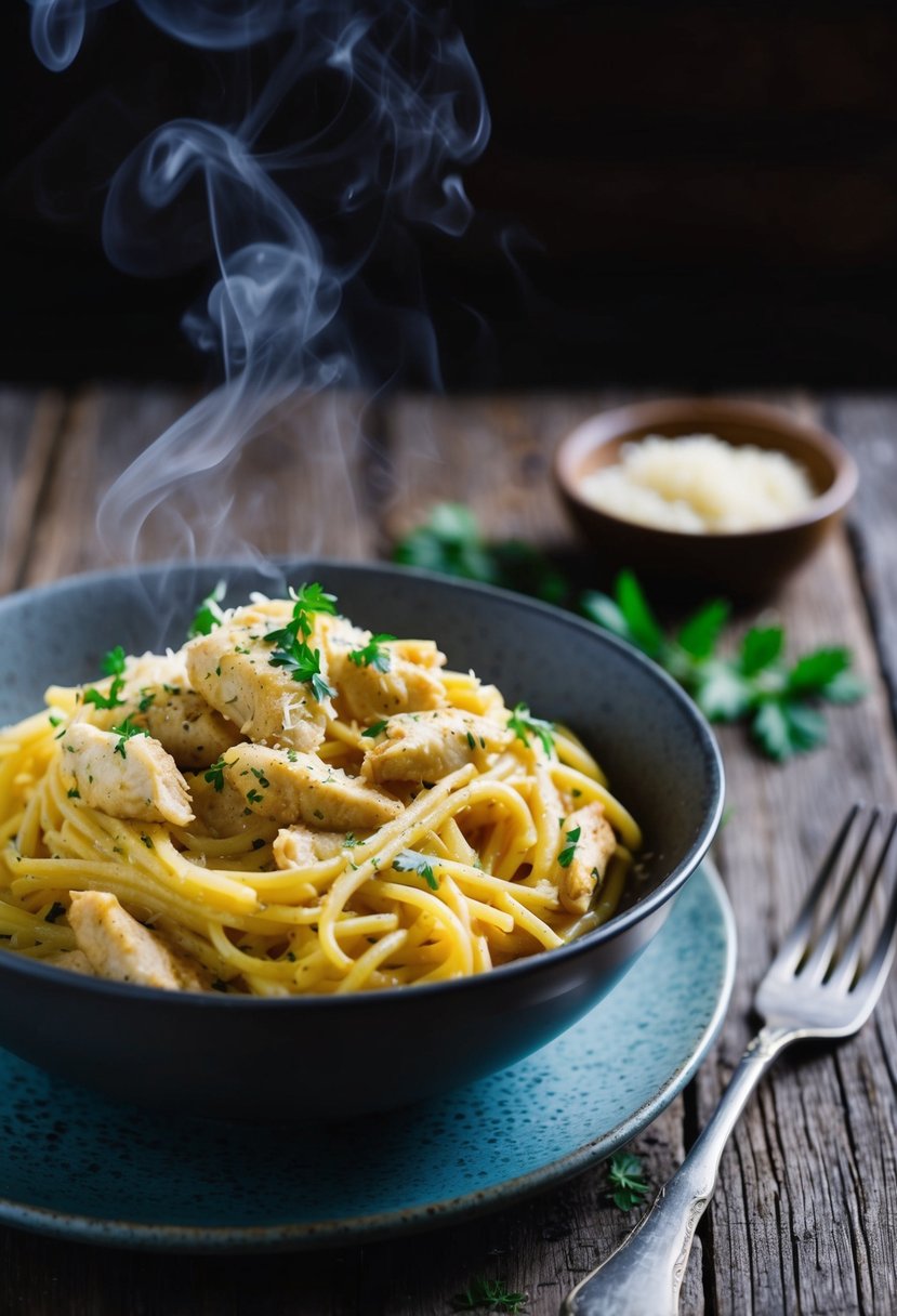 A steaming bowl of garlic parmesan chicken pasta, garnished with fresh herbs and served on a rustic wooden table