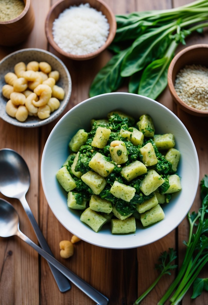 A wooden table set with a bowl of vegan spinach and cashew pesto gnocchi, surrounded by fresh ingredients and cooking utensils