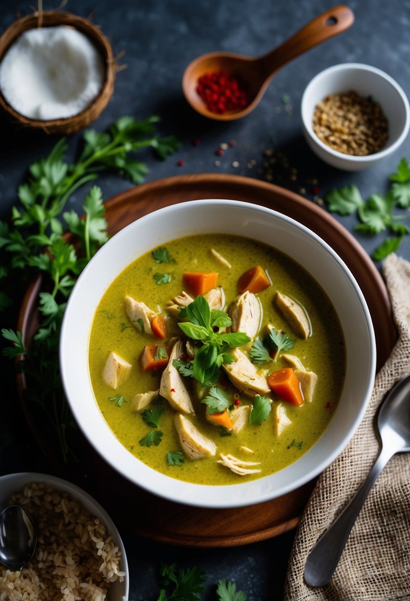 A steaming bowl of coconut curry chicken soup surrounded by fresh herbs and spices