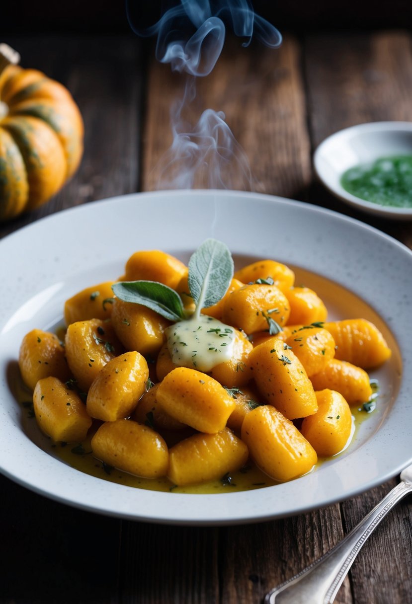 A steaming plate of pumpkin gnocchi drizzled with sage butter on a rustic wooden table