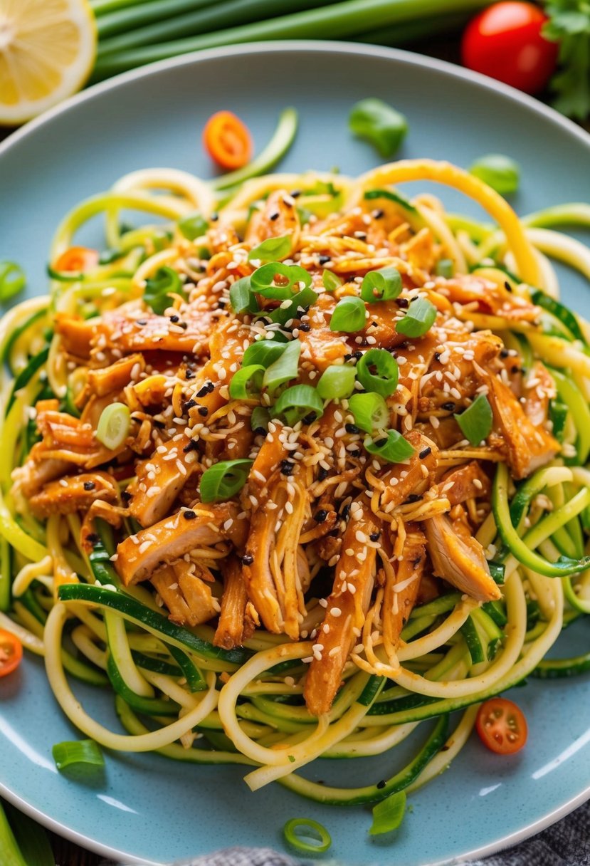 A plate of colorful zoodles topped with shredded teriyaki chicken, garnished with sesame seeds and green onions, surrounded by fresh vegetables