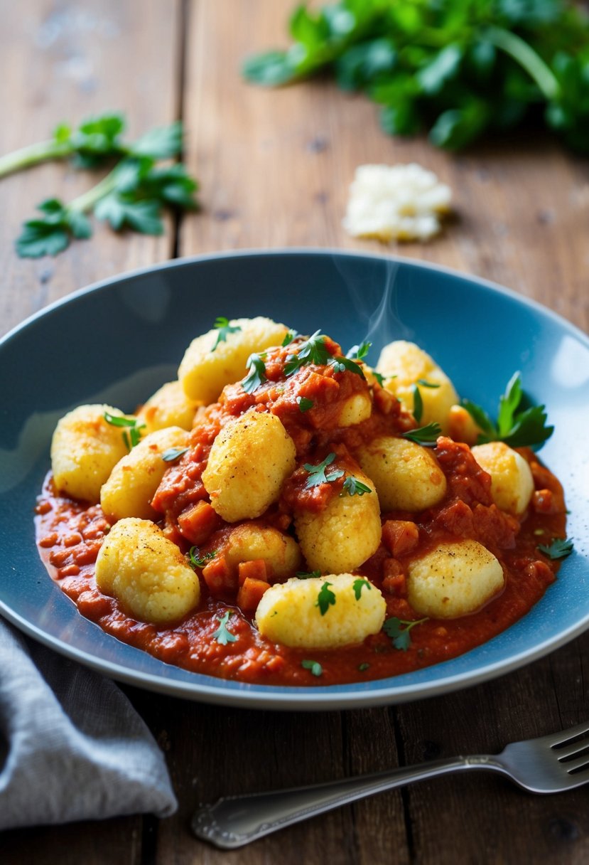 A steaming plate of cauliflower gnocchi drenched in rich marinara sauce, garnished with fresh herbs and served on a rustic wooden table