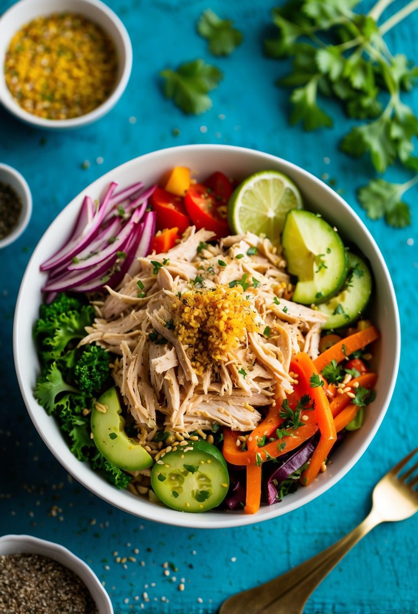 A vibrant bowl filled with colorful Mediterranean ingredients, including shredded chicken, fresh vegetables, and flavorful seasonings