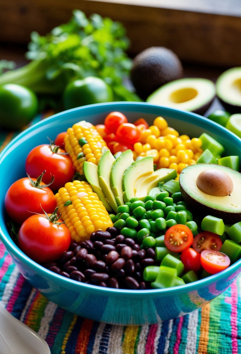 A colorful array of fresh vegetables, including tomatoes, avocados, corn, and black beans, arranged in a vibrant salad bowl