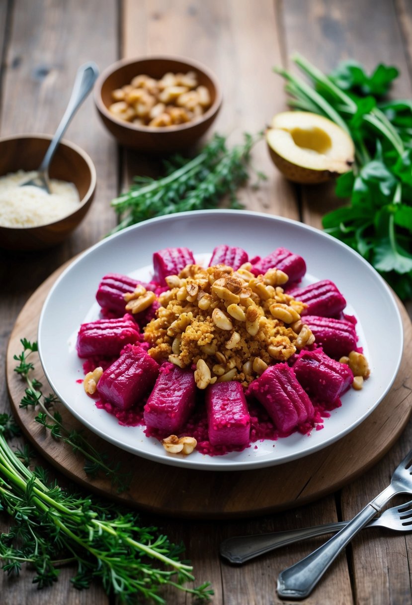 A rustic wooden table with a plate of vibrant beetroot gnocchi topped with a golden walnut crumble, surrounded by fresh herbs and ingredients