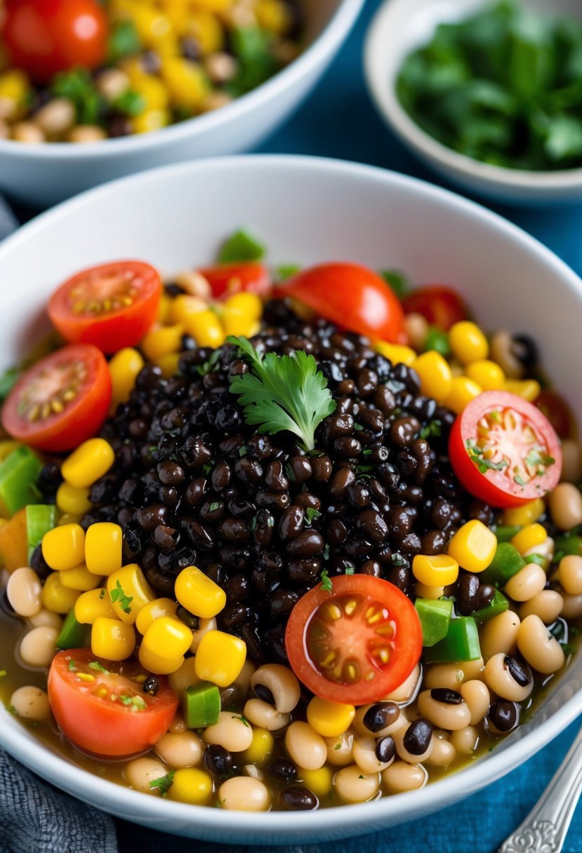 A colorful bowl of Texas Caviar with black-eyed peas, tomatoes, corn, and bell peppers, topped with a zesty vinaigrette