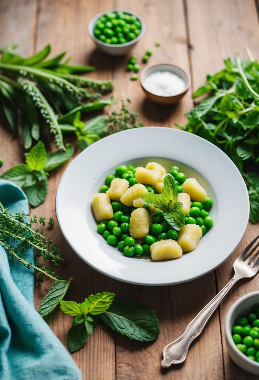 A rustic wooden table set with a colorful array of fresh peas, mint leaves, and homemade vegan gnocchi, all surrounded by vibrant kitchen herbs and a light, airy atmosphere