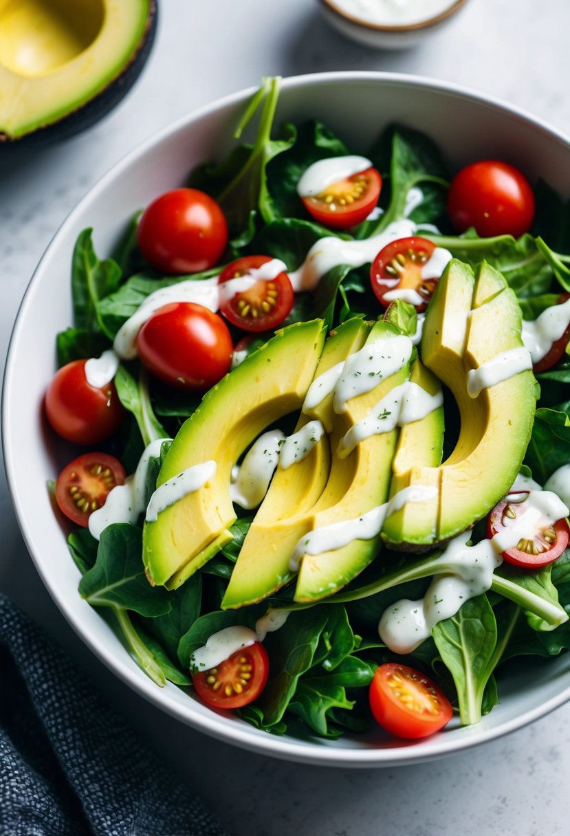 A bowl of vibrant greens topped with sliced avocado, cherry tomatoes, and drizzled with spicy ranch dressing