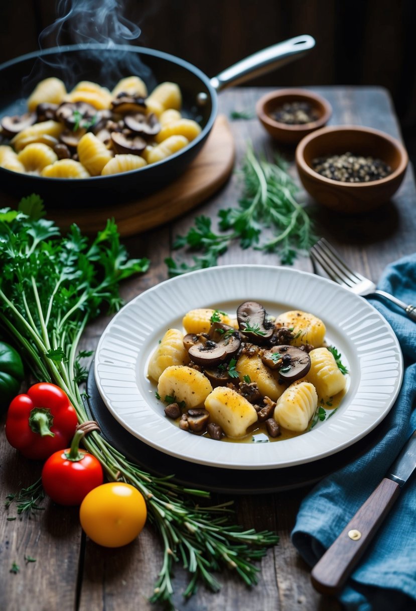 A rustic kitchen table with a steaming plate of mushroom and truffle gnocchi, surrounded by fresh herbs and colorful vegetables