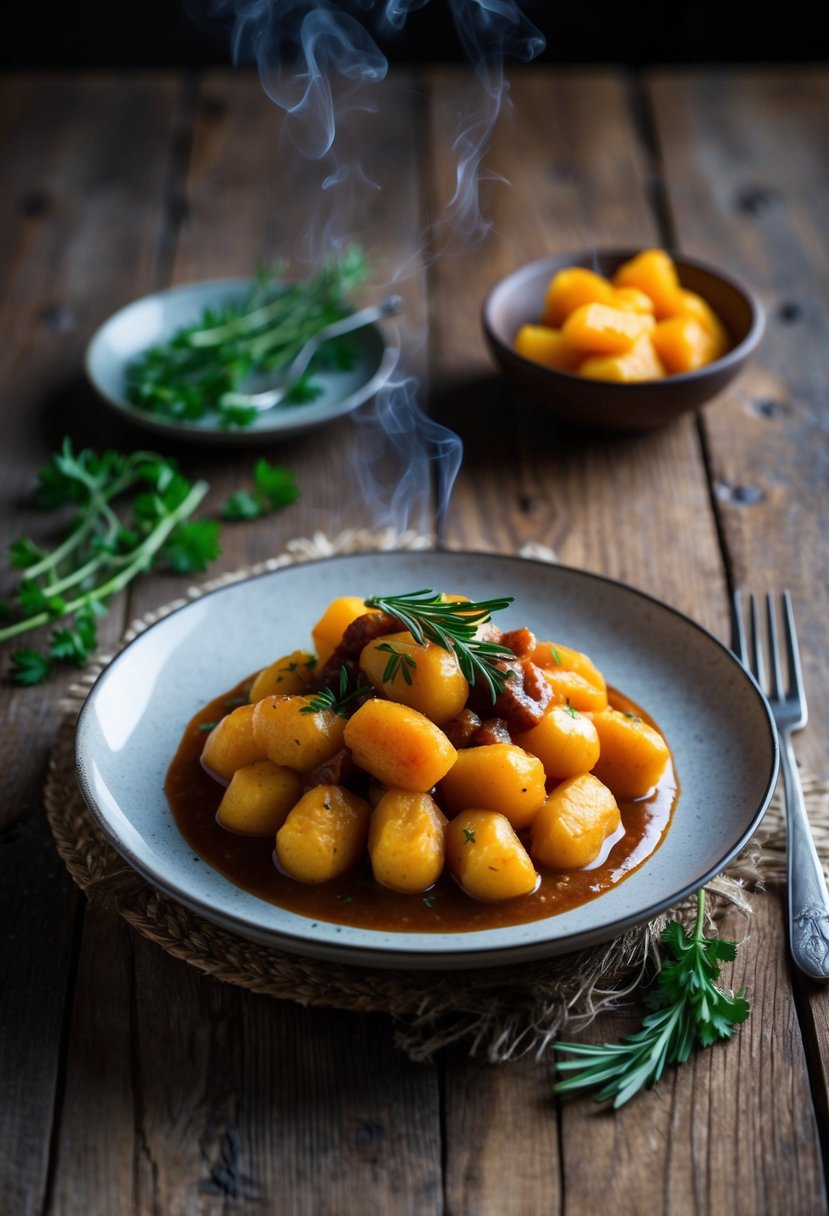 A rustic wooden table set with a steaming plate of butternut squash gnocchi, topped with a rich brown sauce and garnished with fresh herbs