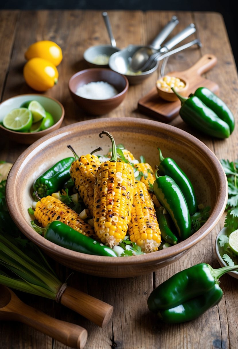 A rustic wooden table with a colorful grilled corn and poblano pepper salad in a large ceramic bowl, surrounded by fresh ingredients and cooking utensils