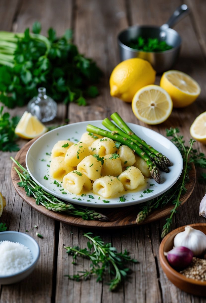 A rustic wooden table set with a plate of lemon herb gnocchi topped with asparagus, surrounded by fresh ingredients and herbs