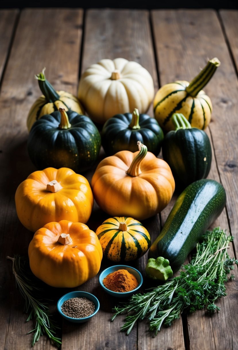 A variety of squash, including butternut, acorn, and zucchini, arranged on a rustic wooden table alongside fresh herbs and spices