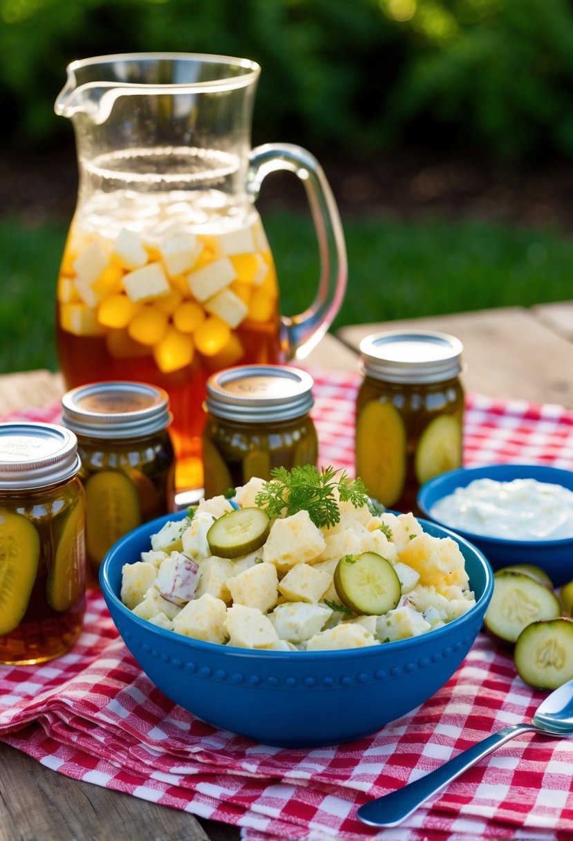 A picnic table set with a bowl of classic Southern potato salad, surrounded by jars of pickles and a pitcher of iced tea