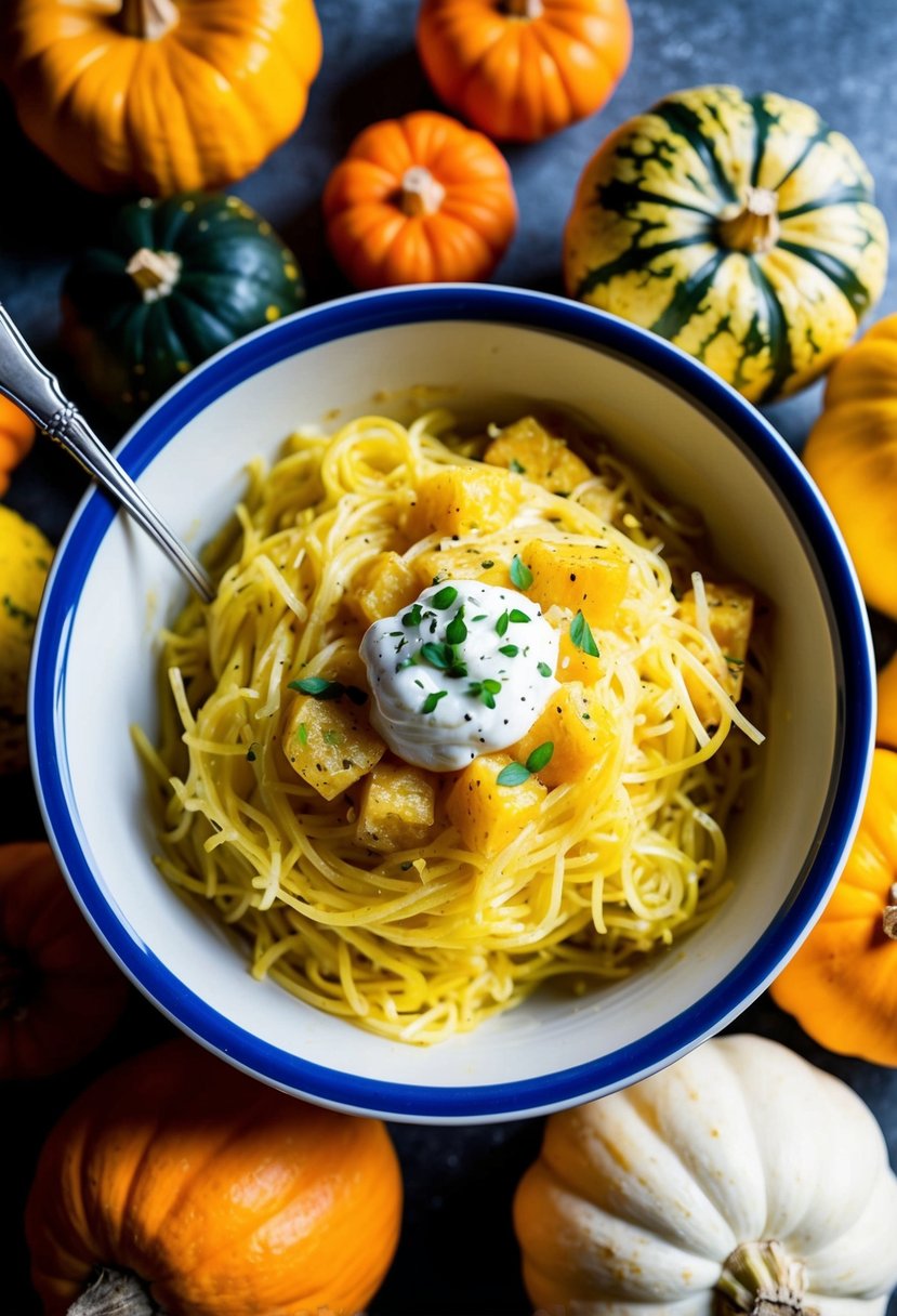 A steaming bowl of spaghetti squash Alfredo surrounded by vibrant mixed squash varieties