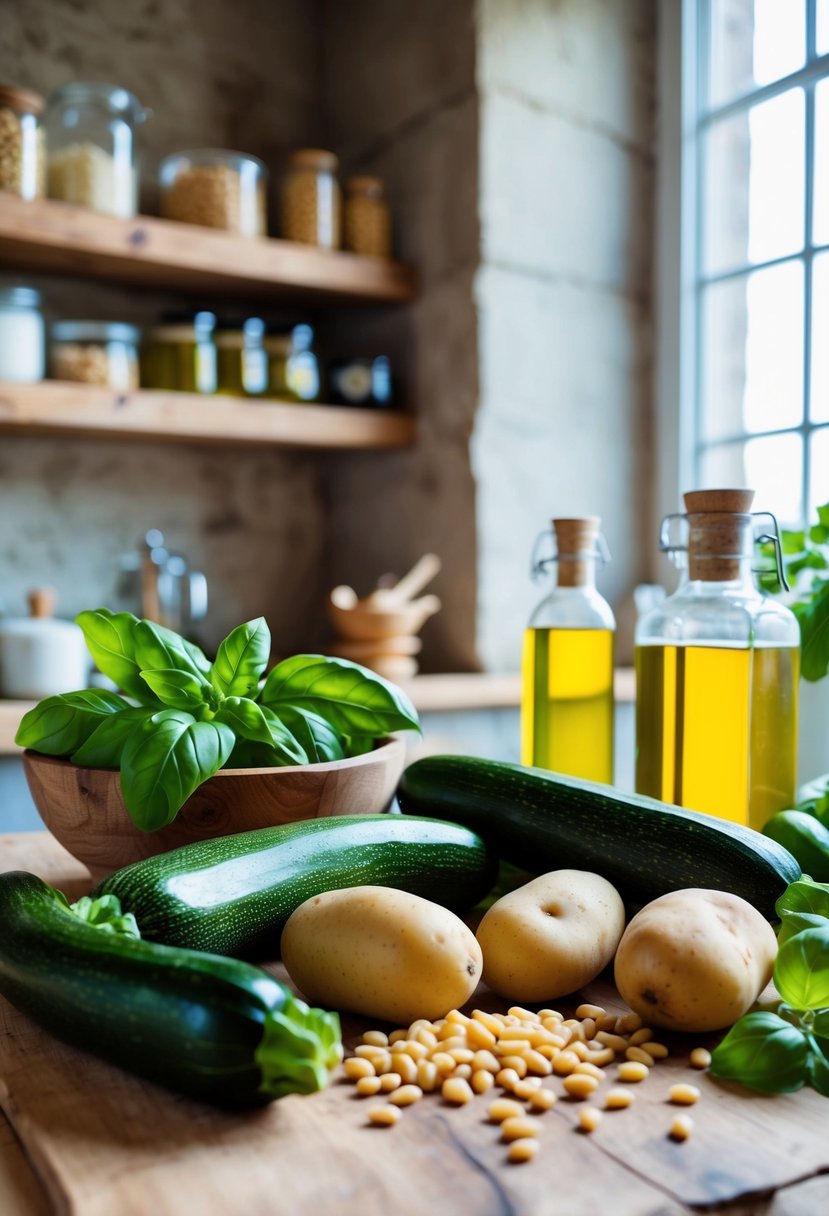 A rustic kitchen counter with fresh zucchinis, basil, and potatoes, surrounded by jars of olive oil and pine nuts