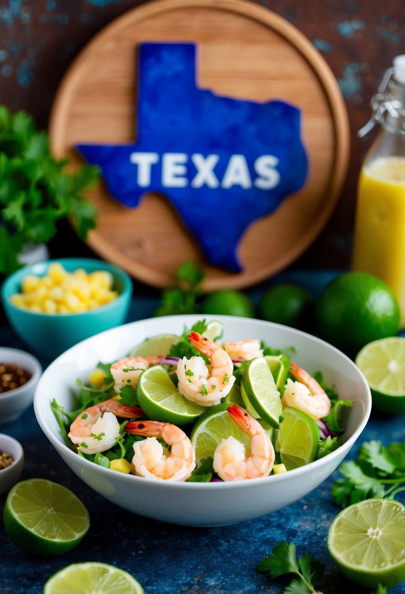 A vibrant bowl of zesty lime shrimp salad surrounded by fresh ingredients and a Texas-inspired backdrop