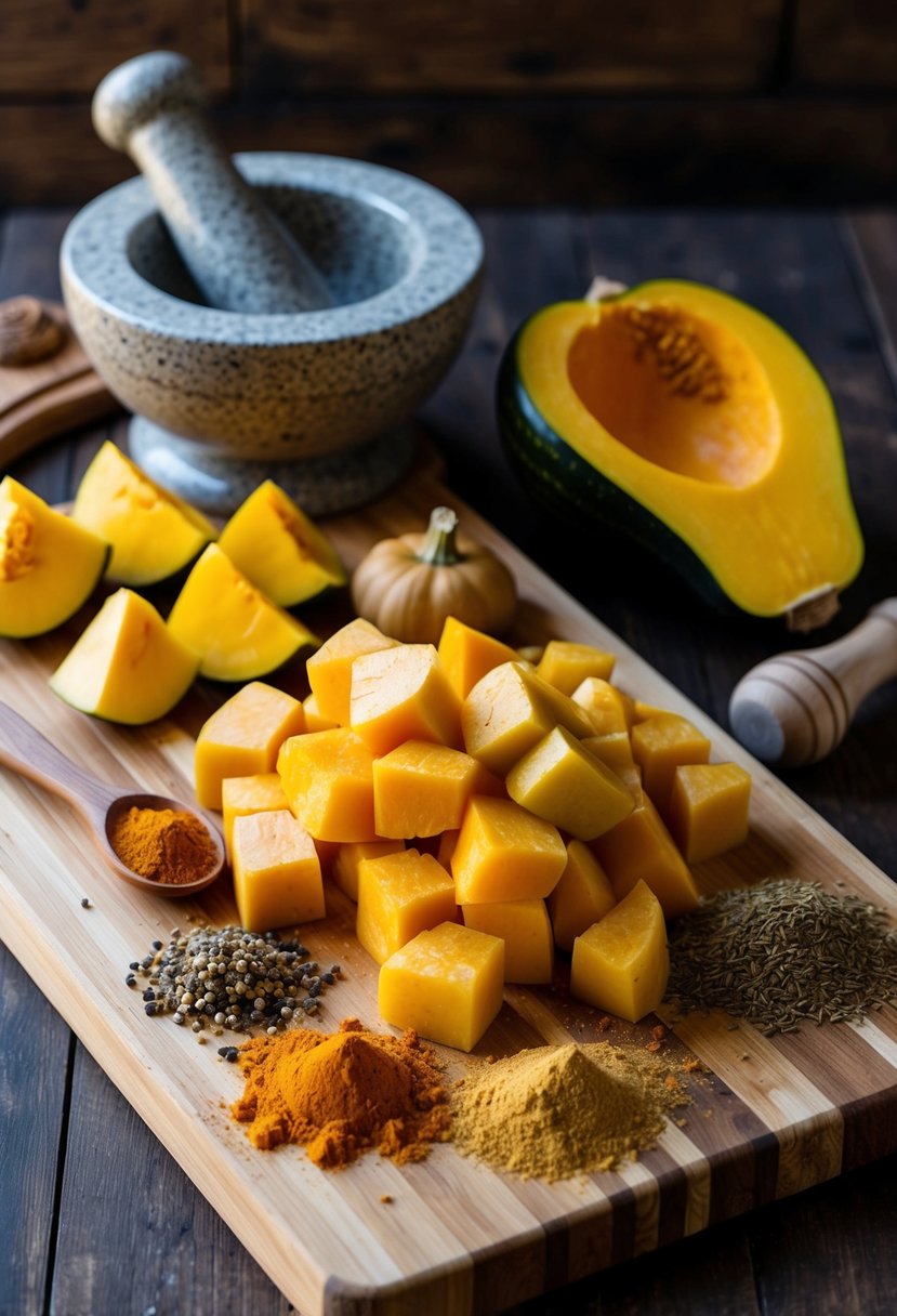 A wooden cutting board with diced butternut and acorn squash, surrounded by a mortar and pestle, curry powder, and various spices