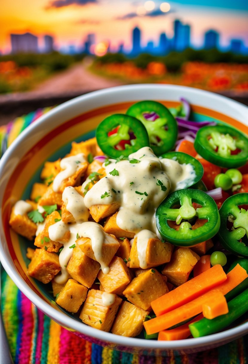 A colorful bowl filled with diced chicken, creamy jalapeño dressing, and fresh vegetables, surrounded by vibrant Texas scenery