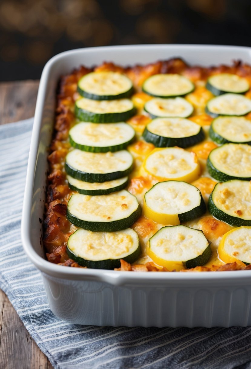 A baking dish filled with layers of sliced zucchini and yellow squash, topped with a golden, bubbling cheese crust