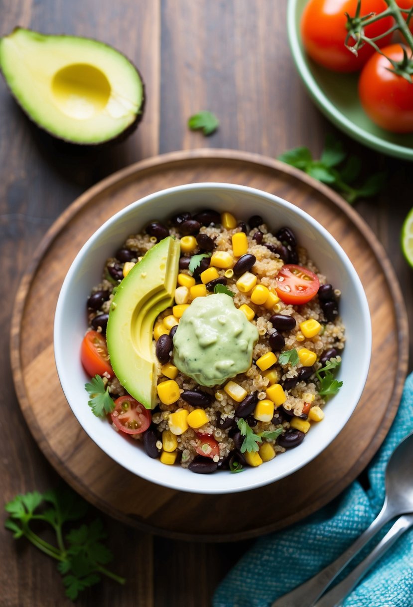 A colorful bowl of quinoa salad with black beans, corn, tomatoes, and avocado, topped with a zesty lime vinaigrette