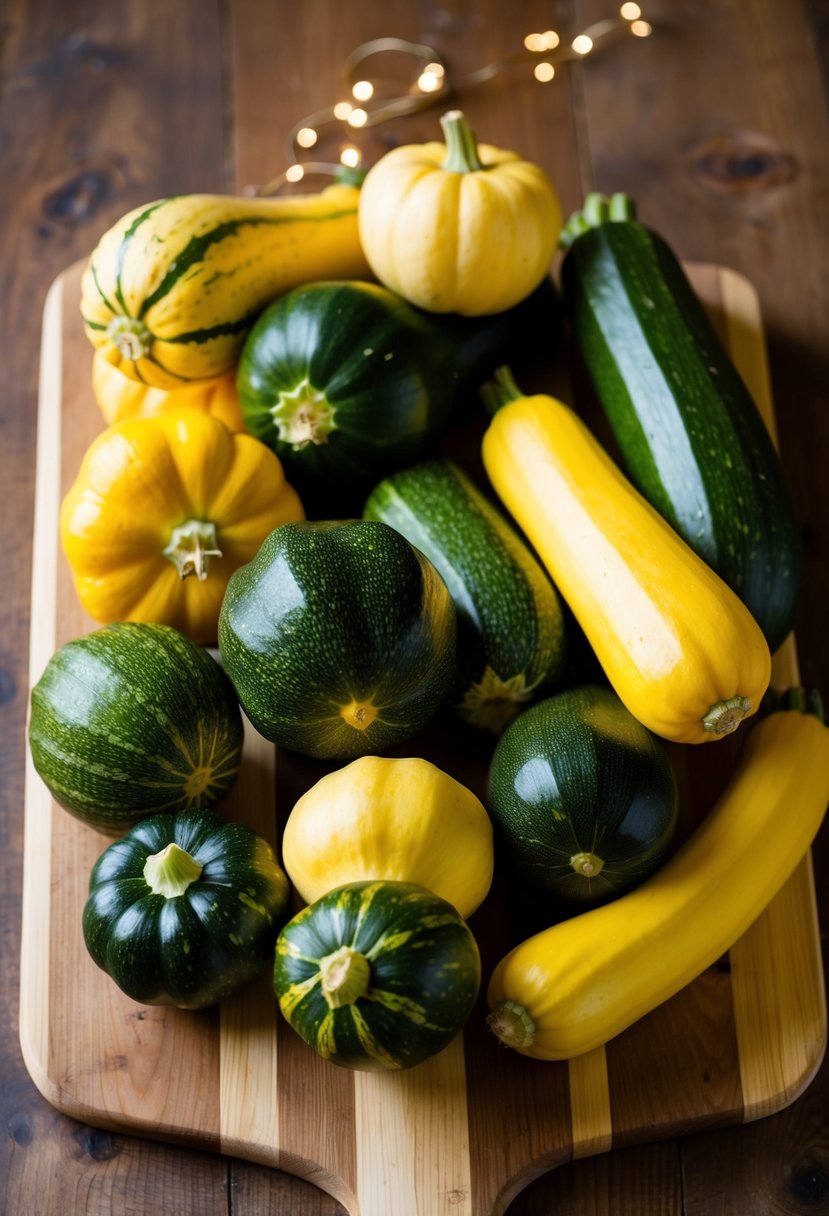 A colorful assortment of pattypan squash, zucchini, and yellow squash piled together on a wooden cutting board