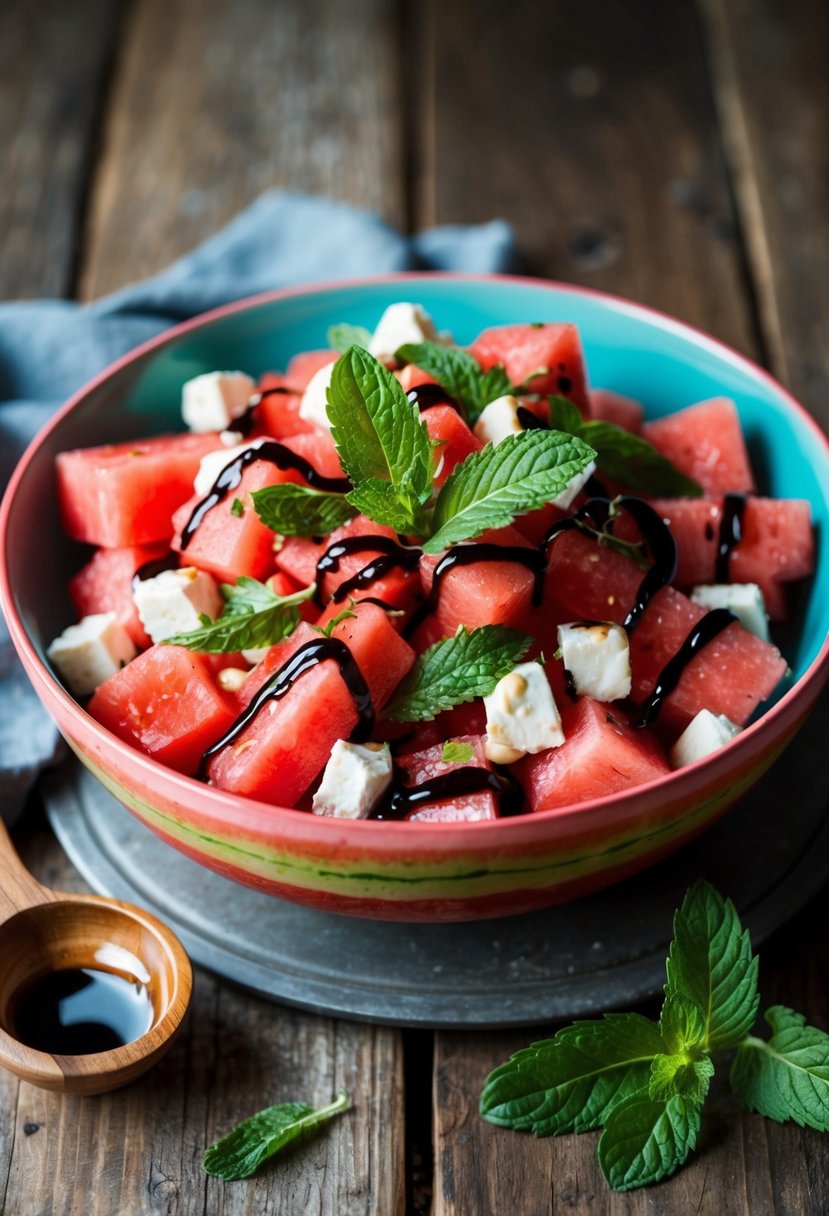 A colorful bowl of watermelon and feta salad with fresh mint leaves and a drizzle of balsamic glaze, sitting on a rustic wooden table