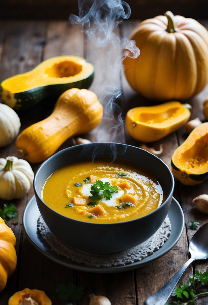 A steaming bowl of kabocha squash soup surrounded by assorted squash and ingredients on a rustic wooden table