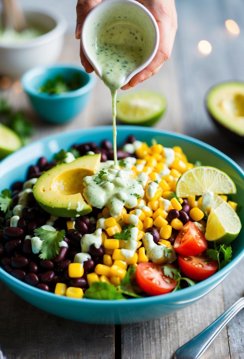 A colorful Tex-Mex salad with black beans, corn, avocado, and tomatoes, drizzled with a zesty cilantro-lime dressing