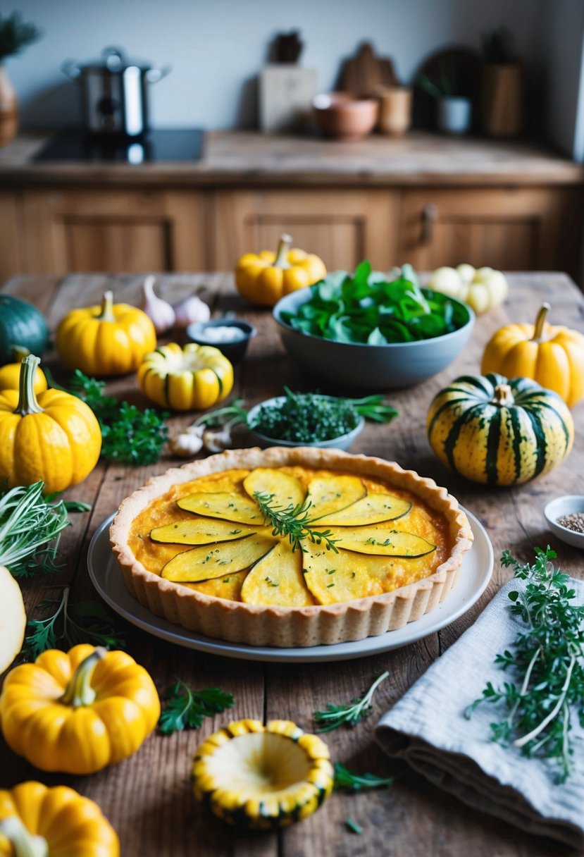 A rustic kitchen table displays a golden Summer Squash Tart surrounded by an assortment of fresh mixed squash, herbs, and ingredients