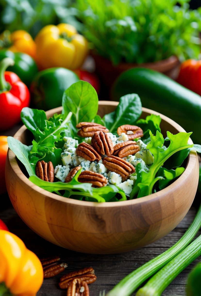 A rustic wooden bowl filled with fresh greens, pecans, and crumbled blue cheese, surrounded by vibrant Texas garden vegetables