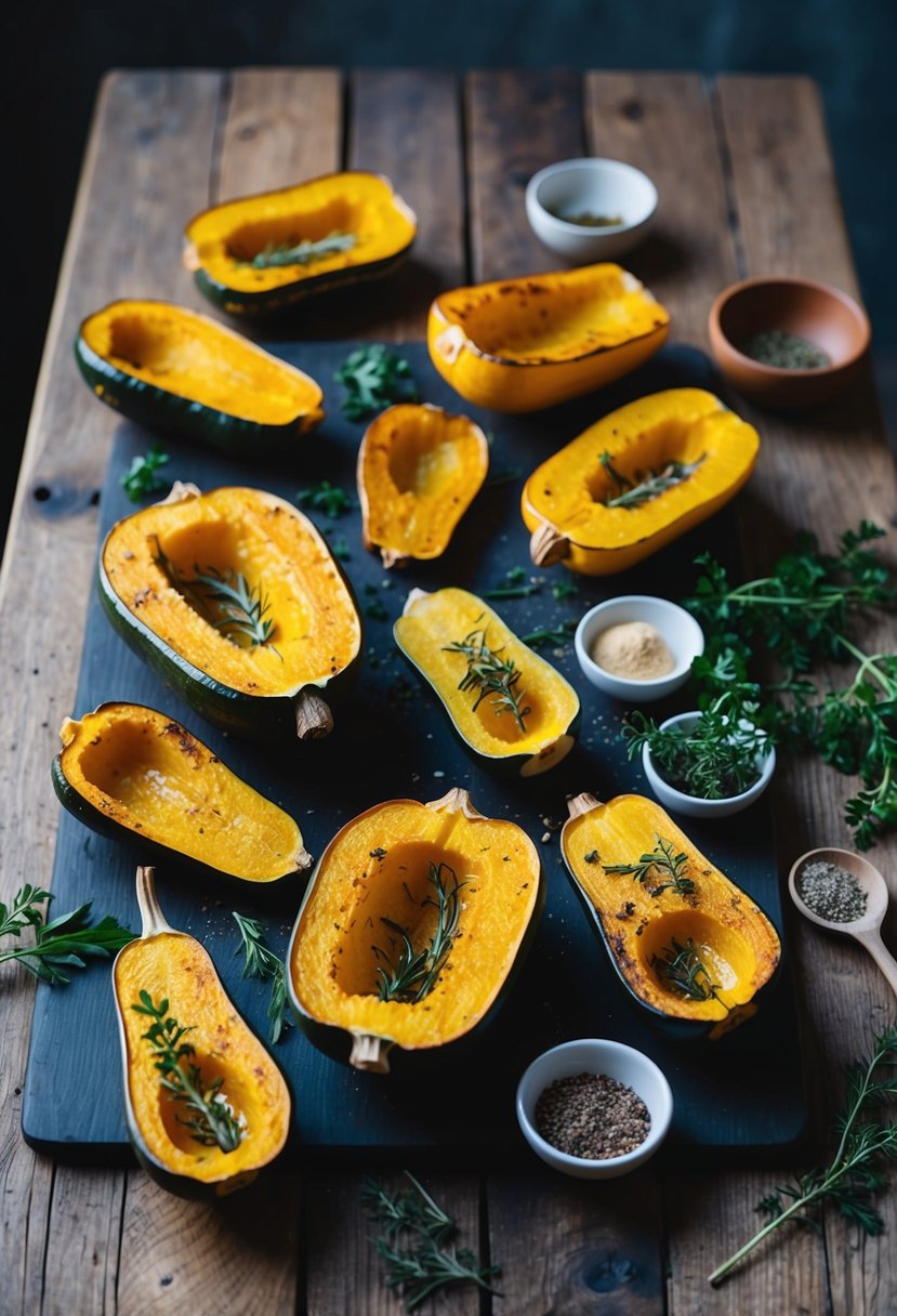 A rustic wooden table with a variety of roasted delicata squash, herbs, and spices scattered around