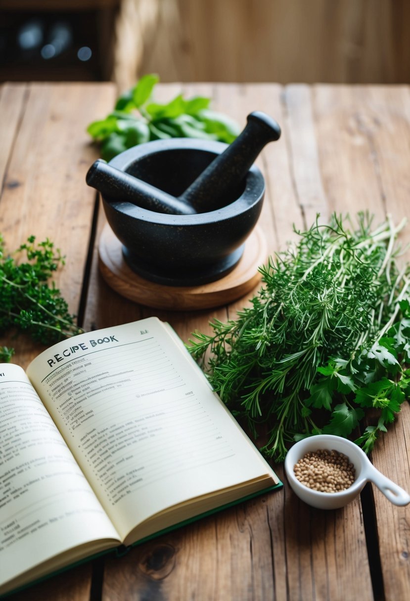 A wooden table with fresh herbs, mortar and pestle, and open recipe book