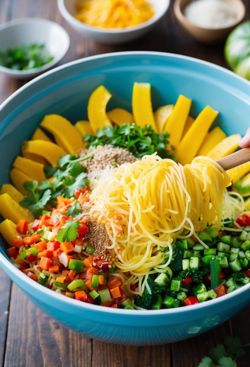 A colorful array of spaghetti squash, vegetables, and seasonings being mixed together in a large bowl for a Pad Thai recipe