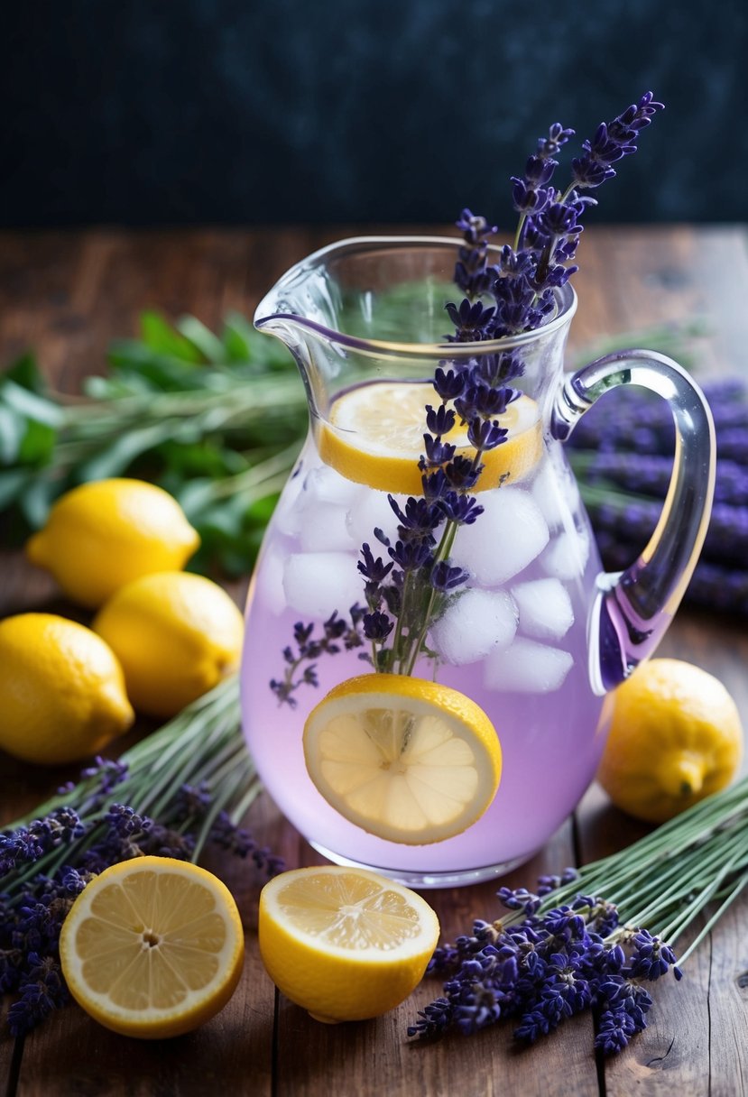 A pitcher of lavender lemonade surrounded by fresh lavender sprigs and lemons on a wooden table