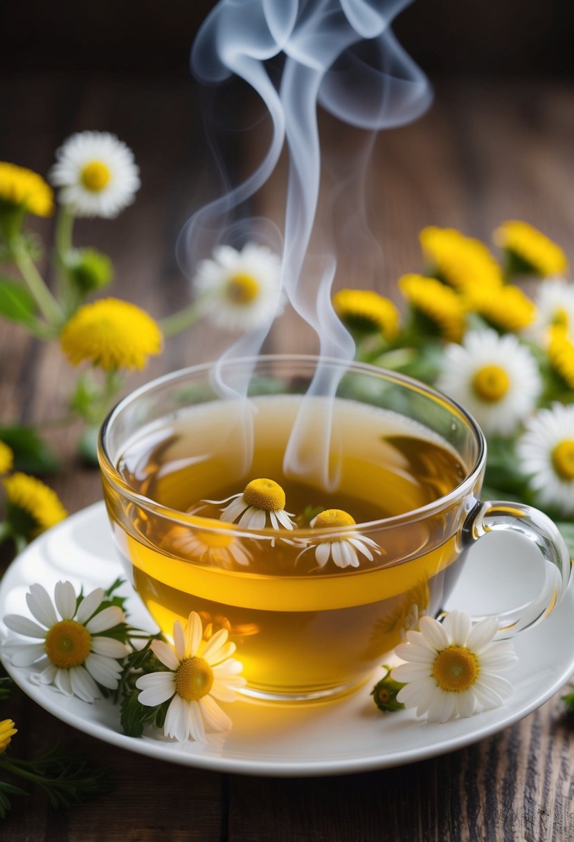 A steaming cup of chamomile tea surrounded by fresh chamomile flowers and a peaceful, serene atmosphere