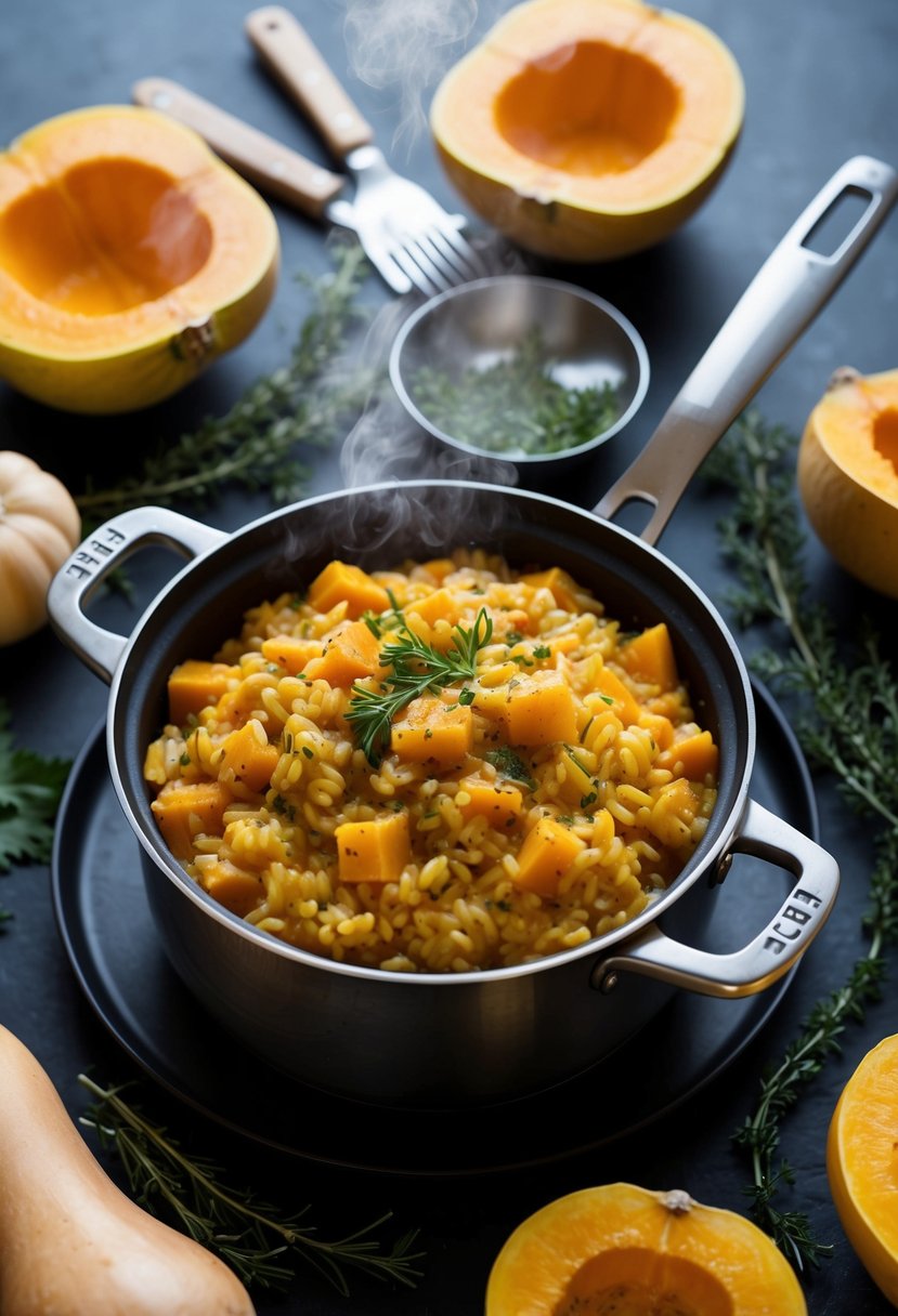 A steaming pot of butternut squash risotto surrounded by fresh squash, herbs, and cooking utensils