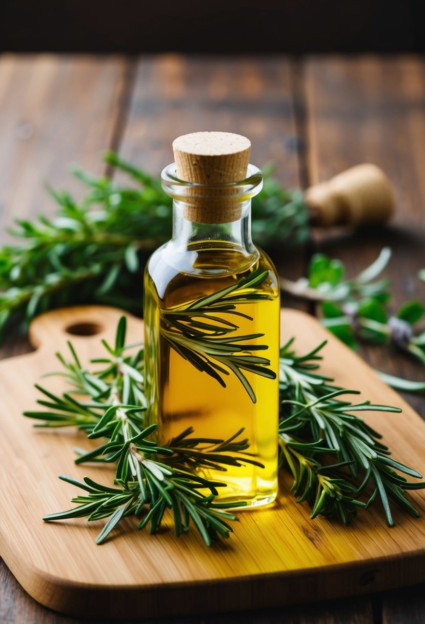 A clear glass bottle filled with rosemary-infused oil, surrounded by fresh rosemary sprigs and other herbs on a wooden cutting board