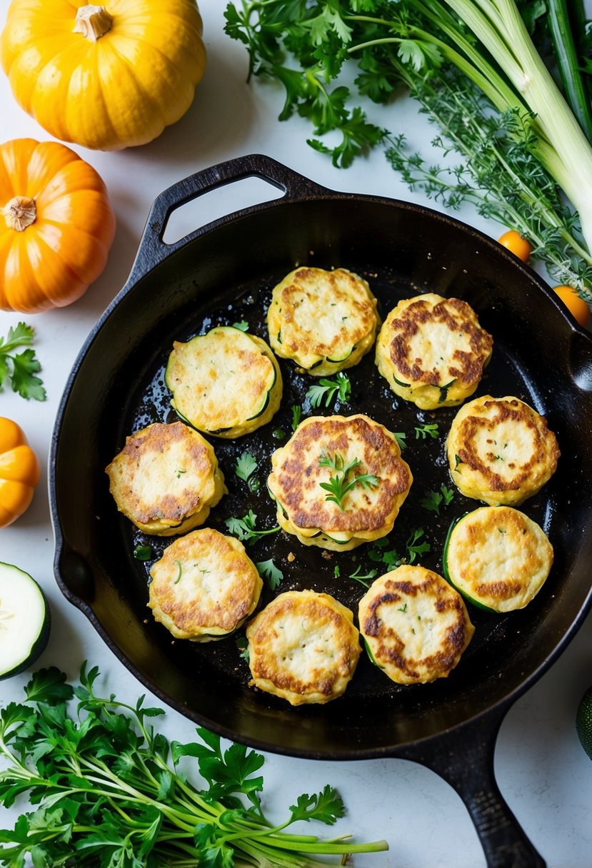 A sizzling skillet with golden squash and zucchini fritters, surrounded by fresh herbs and colorful vegetables