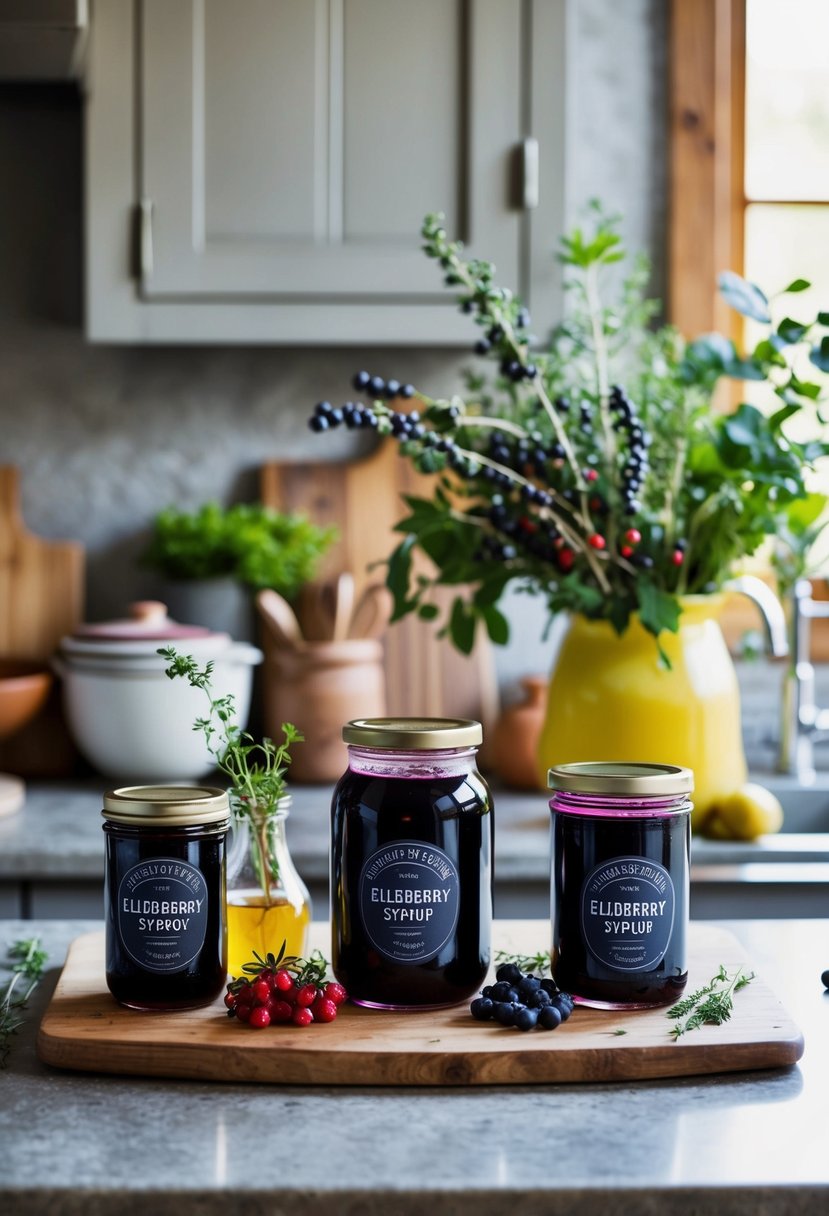 A rustic kitchen counter with various herbs, berries, and jars of elderberry syrup