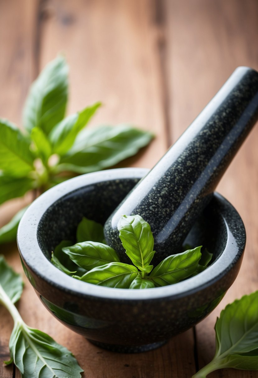 A mortar and pestle crushing fresh holy basil leaves to make a tincture