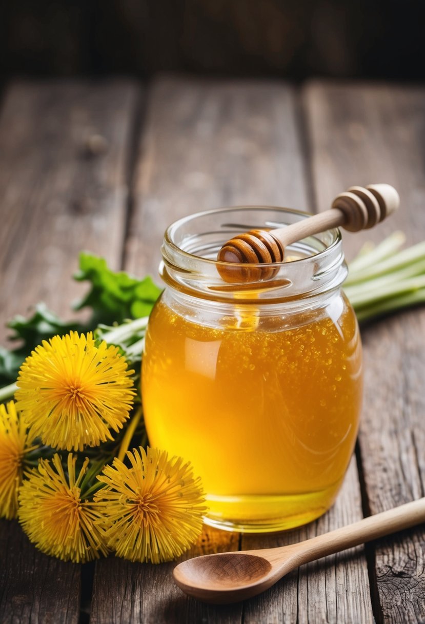 A glass jar filled with golden dandelion honey sits next to a bundle of fresh dandelions and a wooden spoon on a rustic wooden table