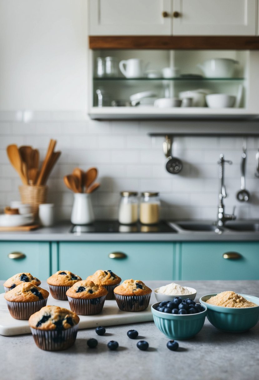 A bakery kitchen with ingredients for blueberry muffin recipes on the counter