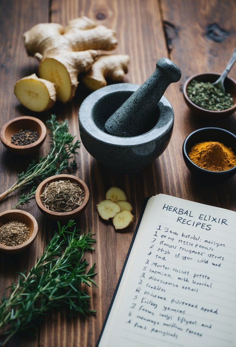 A wooden table with fresh ginger roots, mortar and pestle, and assorted herbs and spices. A notebook with handwritten herbal elixir recipes sits nearby