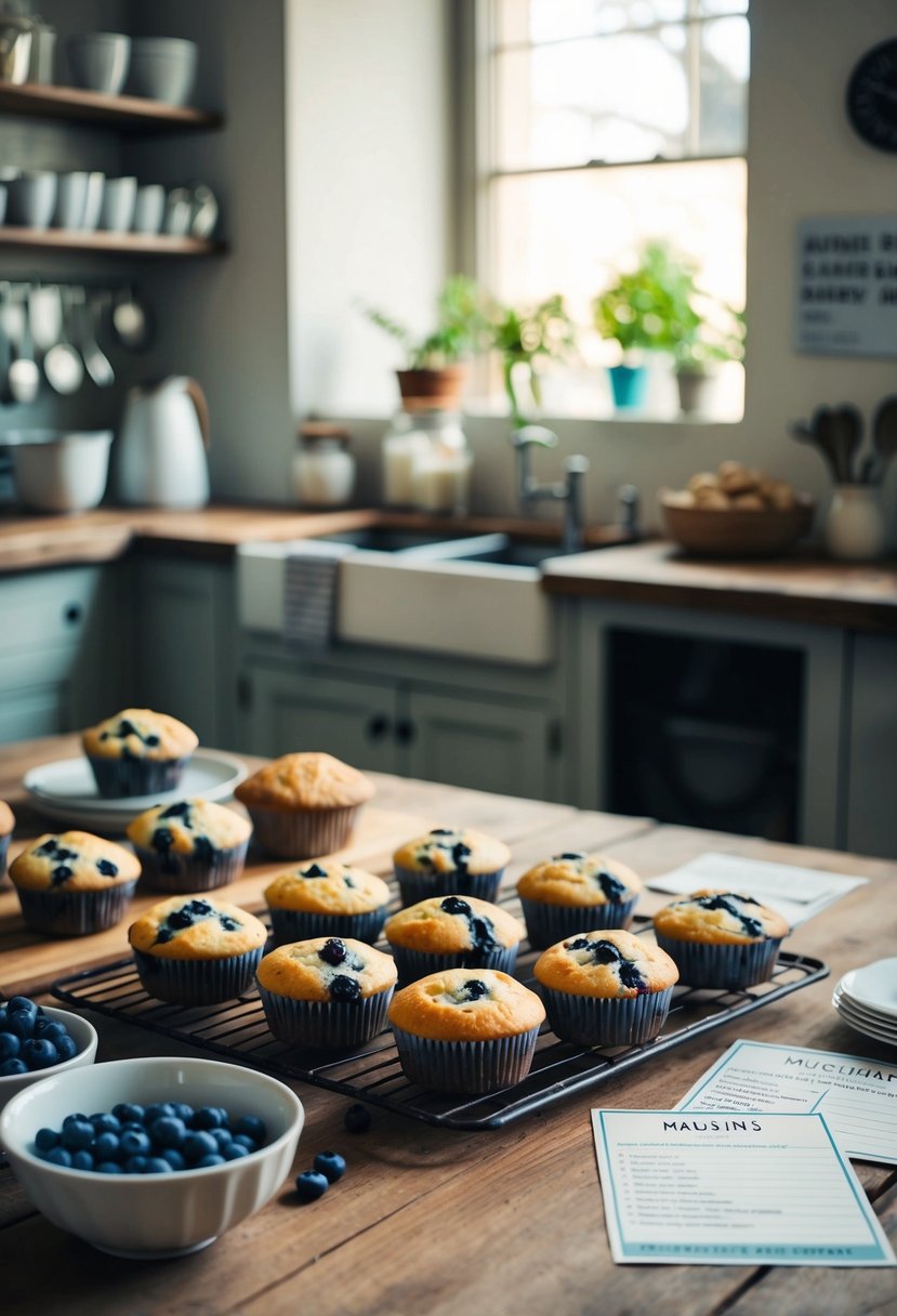 A rustic bakery kitchen with vintage blueberry muffins cooling on a wooden table, surrounded by ingredients and recipe cards