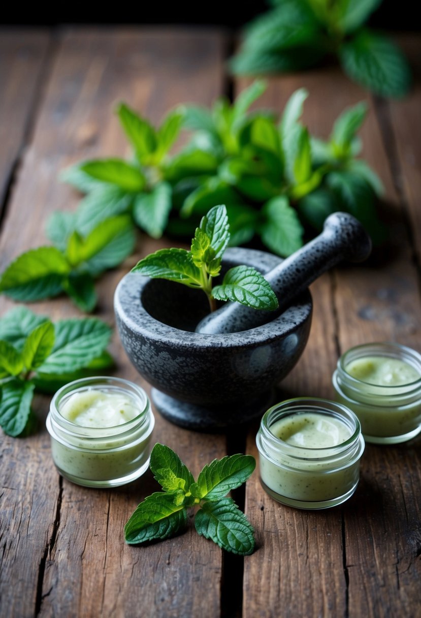 A rustic wooden table with fresh peppermint leaves, a mortar and pestle, and small glass jars filled with peppermint salve