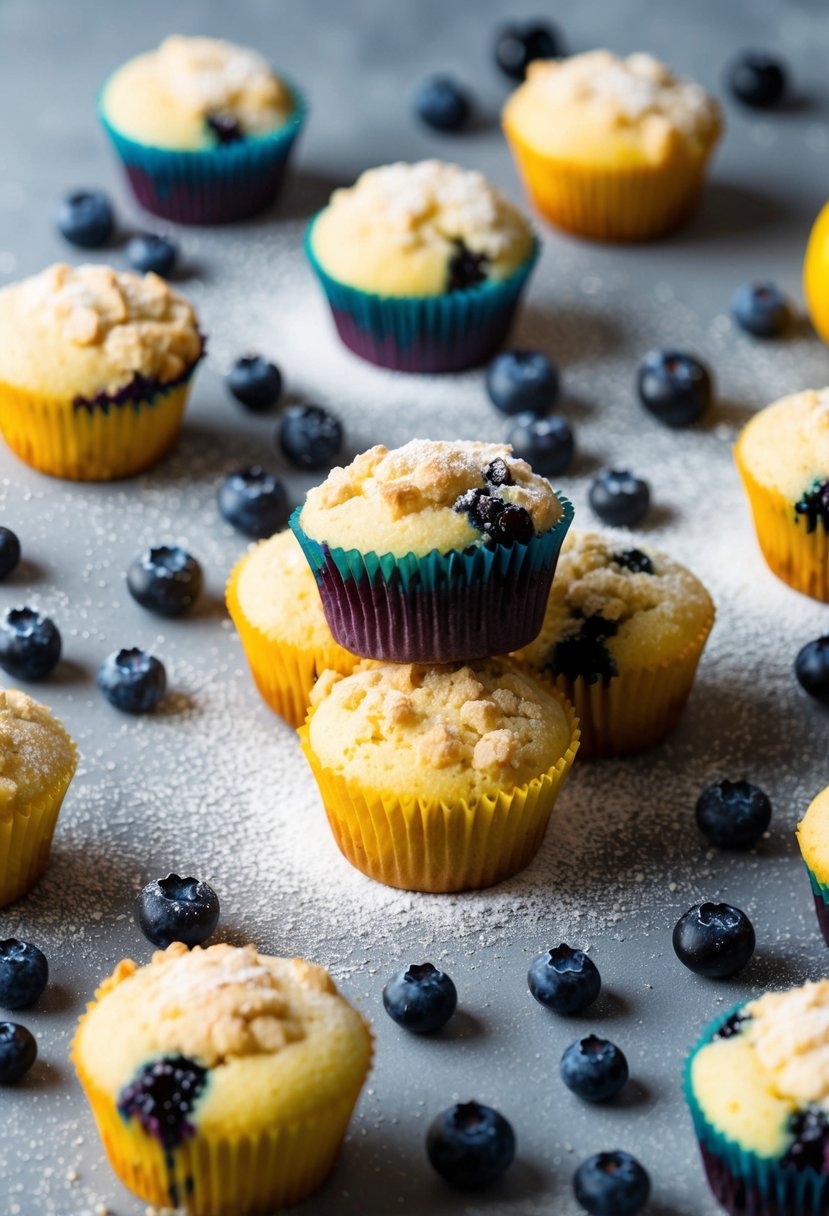 A table set with freshly baked Lemon Blueberry Crumble Muffins, surrounded by scattered blueberries and a dusting of powdered sugar